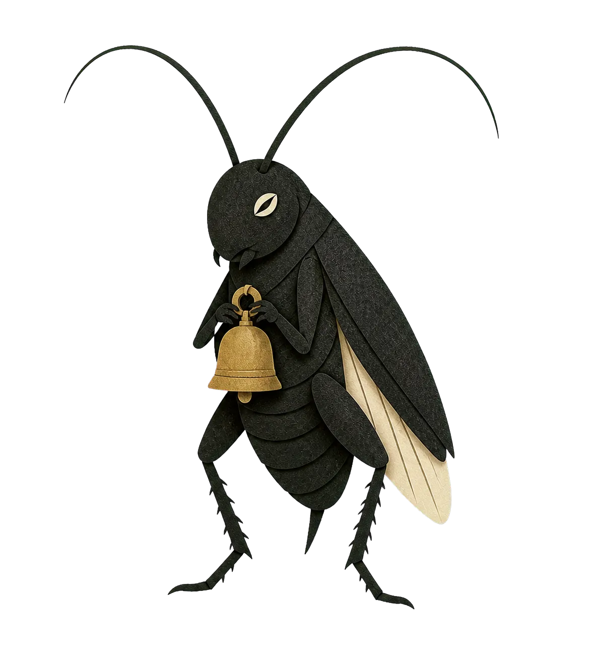 Suzu, a bell cricket cut from charcoal and ivory Japanese paper, holding a small brass bell